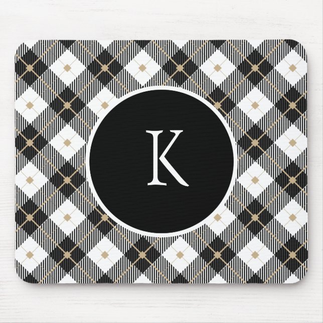 Personalized Monogrammed Black White Gold  Plaid Mouse Pad (Front)
