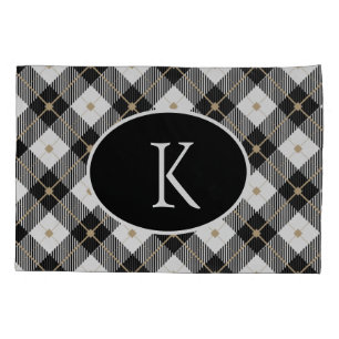Personalized Monogrammed Black White Gold Plaid Pillowcase