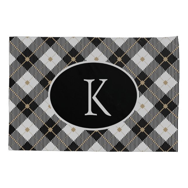 Personalized Monogrammed Black White Gold Plaid Pillowcase (Back)