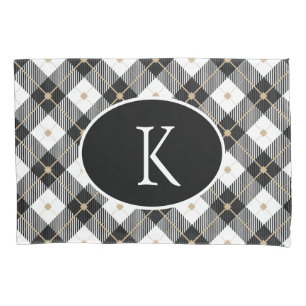 Personalized Monogrammed Black White Gold Plaid Pillowcase