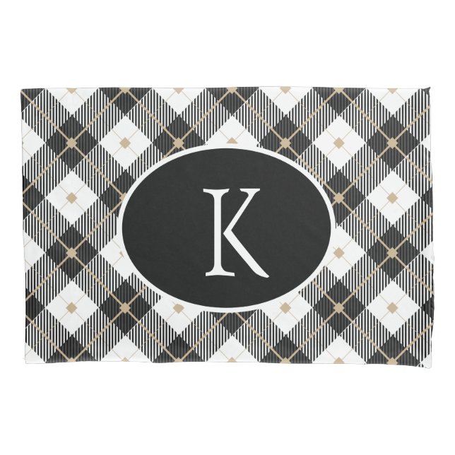 Personalized Monogrammed Black White Gold Plaid Pillowcase (Front)
