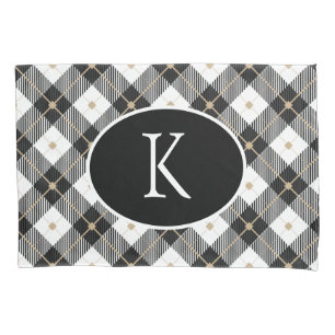 Personalized Monogrammed Black White Gold Plaid Pillowcase