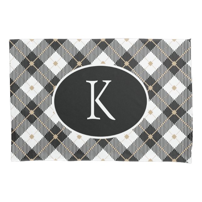 Personalized Monogrammed Black White Gold Plaid Pillowcase (Front)