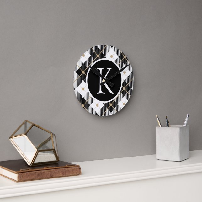 Personalized Monogrammed Black White Gold Plaid Round Clock (Office)