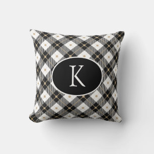 Personalized Monogrammed Black White Gold Plaid Throw Pillow