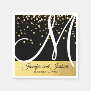 Personalized Monogrammed Black White Gold Wedding Napkin