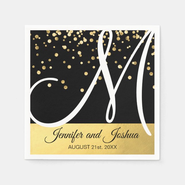 Personalized Monogrammed Black White Gold Wedding Napkin (Front)