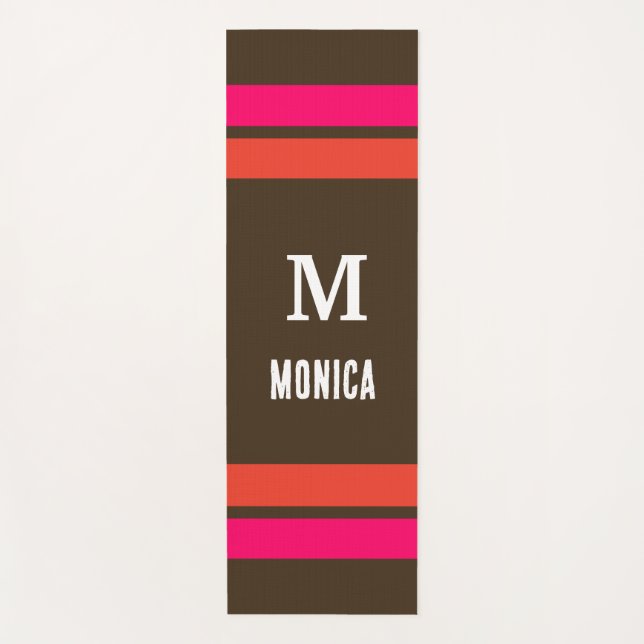 Personalized monogrammed Brown& Orang Pink Stripes Yoga Mat (Front)