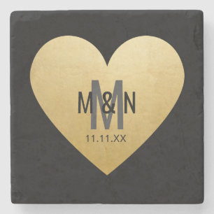 Personalized Monogrammed Gold Heart Wedding Favour Stone Coaster