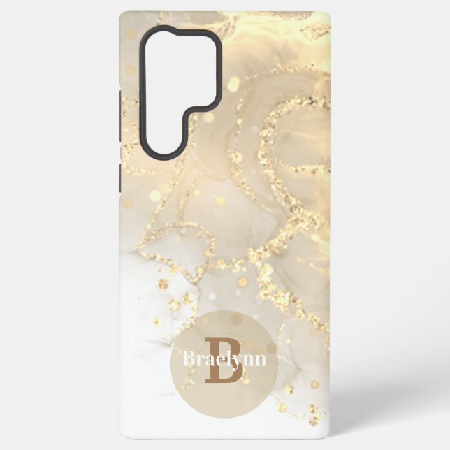 Personalized Monogrammed Gold Marble Glitter Samsung Galaxy S22 Ultra Case (Back)