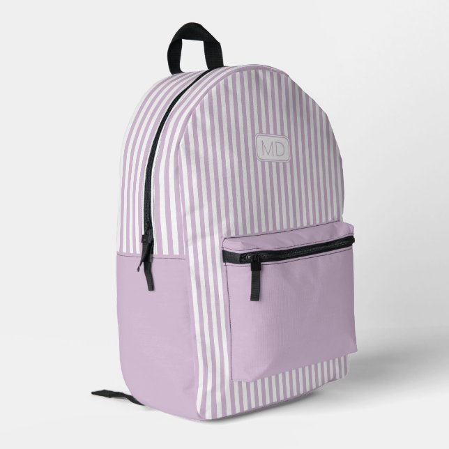 Personalized Monogrammed Light Lilac Stripes Printed Backpack (Back Corner Left)