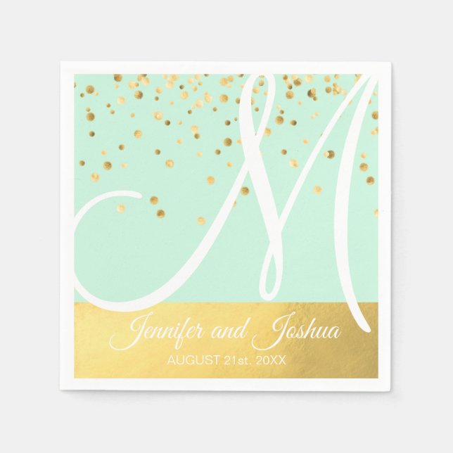 Personalized Monogrammed Mint Green Gold Wedding Napkin (Front)