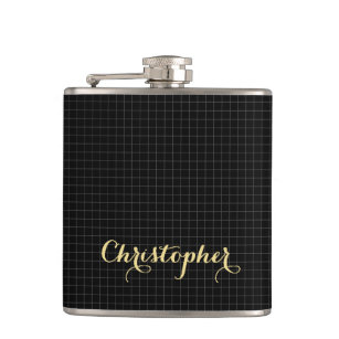Personalized Monogrammed Modern Black Checkered Hip Flask