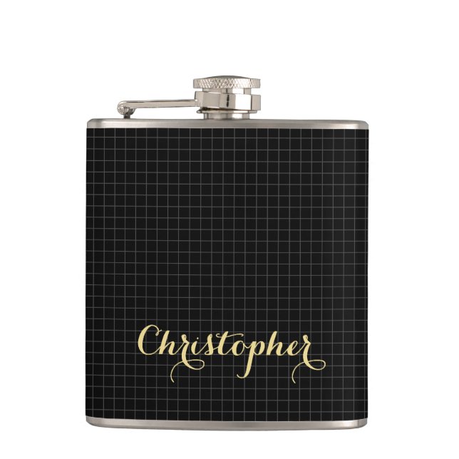 Personalized Monogrammed Modern Black Checkered Hip Flask (Front)