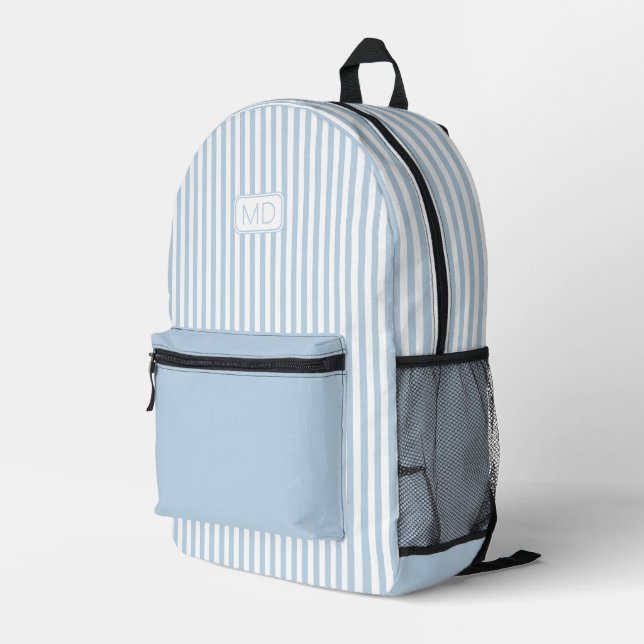Personalized Monogrammed Modern Light Blue Stripes Printed Backpack (Back Corner Right)