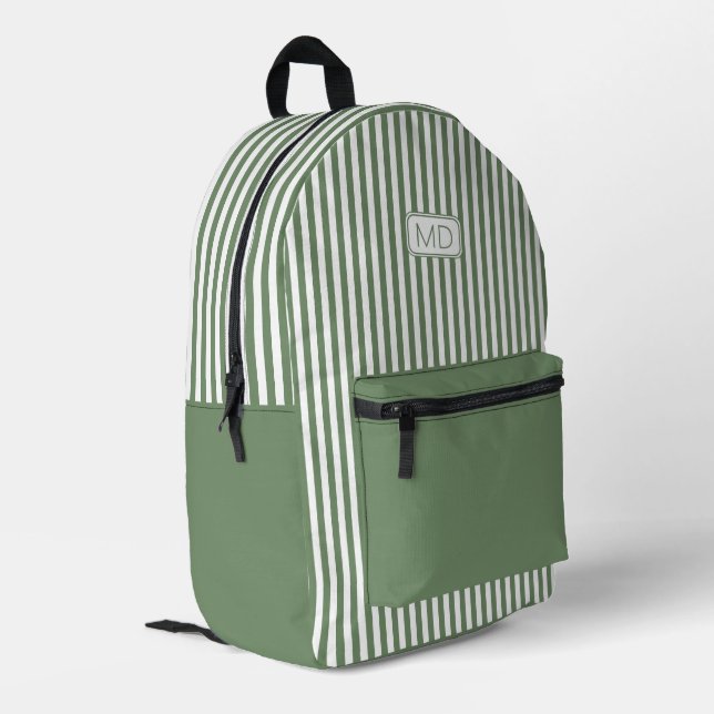 Personalized Monogrammed Modern Sage Green Stripes Printed Backpack (Back Corner Left)