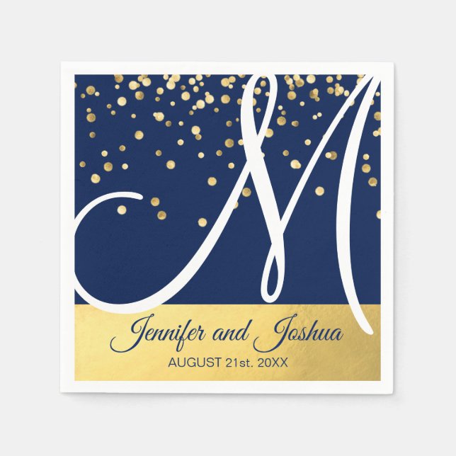 Personalized Monogrammed Navy Blue Gold Wedding Napkin (Front)