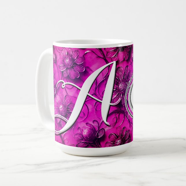 Personalized Monogrammed Pink Flowers for Her Coffee Mug (Front Left)