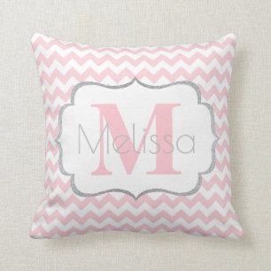 Personalized Monogrammed Pink Grey Chevron Girl Throw Pillow
