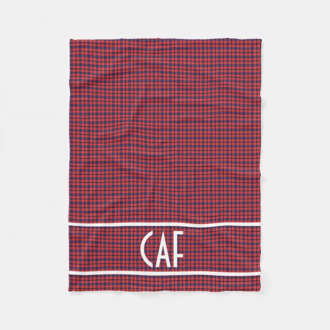Personalized Monogrammed Red and Blue Plaid Fleece Blanket (Front)