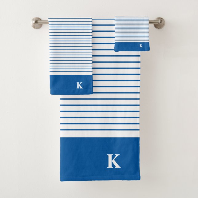 Personalized Monogrammed Royal Blue Striped Family Bath Towel Set (Insitu)