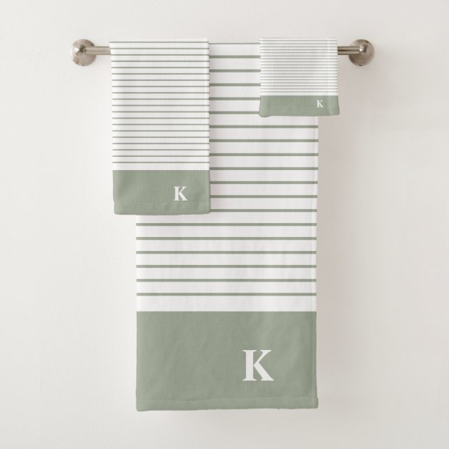 Personalized Monogrammed Sage Green Striped Family Bath Towel Set (Insitu)