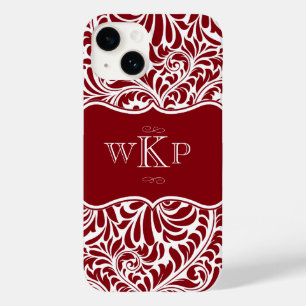 Personalized Monograms Cranberry Damask Pattern Ca Case-Mate iPhone 14 Case