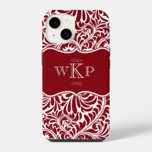 Personalized Monograms Cranberry Damask Pattern Ca iPhone 14 Case