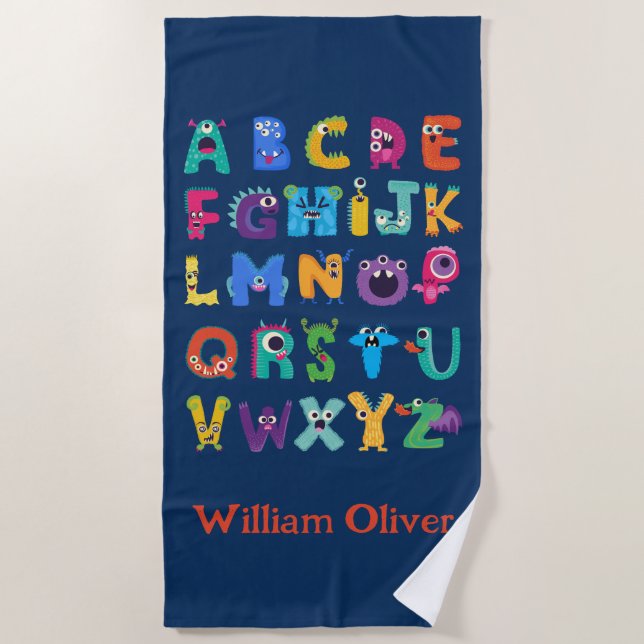 Personalized Monster ABC Silly Alphabet Monsters Beach Towel (Front)