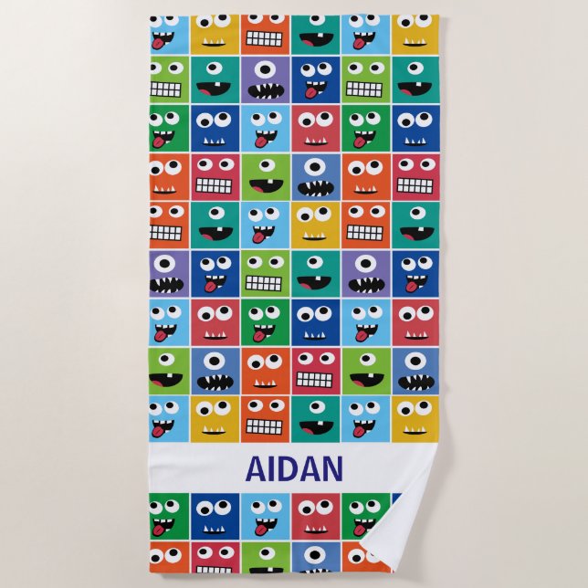 Personalized Monster Face Pattern Colourful Kids Beach Towel (Front)