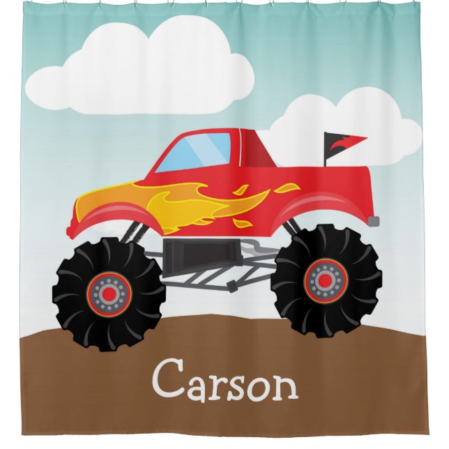 Personalized Monster Truck, Boy's Shower Curtain (Front)
