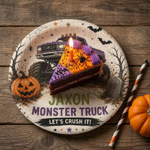 Personalized Monster Truck Halloween Birthday Paper Plate
