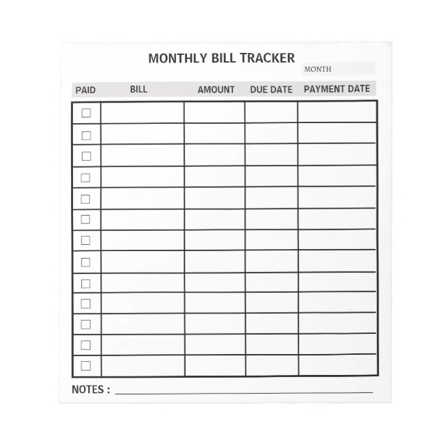 Personalized Monthly Bill Tracker Notepad (Front)
