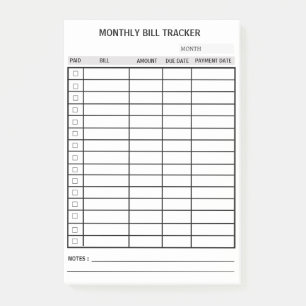 Personalized Monthly Bill Tracker Post-it Notes