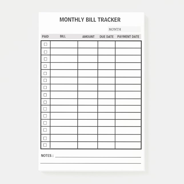 Personalized Monthly Bill Tracker Post-it Notes (Front)