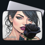 Personalized Moody Gothic Woman with Rose   Laptop Sleeve<br><div class="desc">Embrace your dark and dreamy side with this personalized laptop sleeve. This unique tablet case features a stunning, cinematic illustration of a gothic beauty with mesmerizing blue eyes, deep plum lips, and a single, perfectly formed black rose. With subtle details like delicate gold tear-drop earrings and a fine, falling mist,...</div>