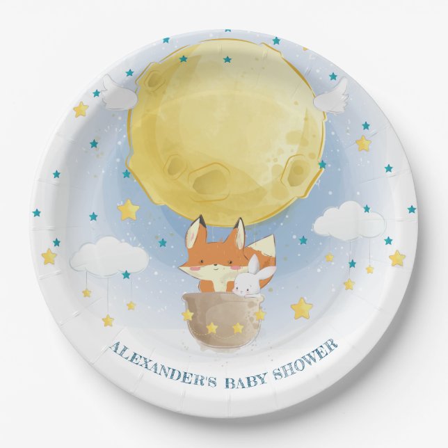 Personalized Moon Air Balloon Baby Shower Paper Plate (Front)