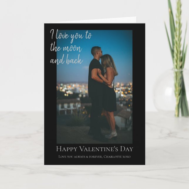 Personalized Moon and Back Photo Valentines Holiday Card (Front)