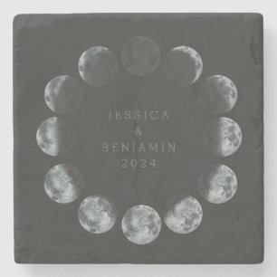 Personalized Moon Phase Black Cosmic Wedding Date Stone Coaster
