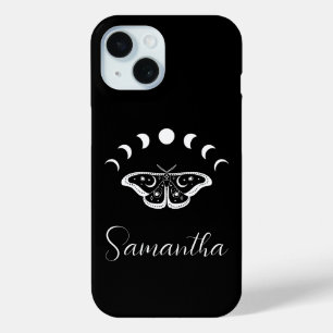 Personalized Moon Phase Moth Black and White iPhone 15 Case