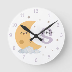 Personalized Moon & Stars Nursery Clock Lavender