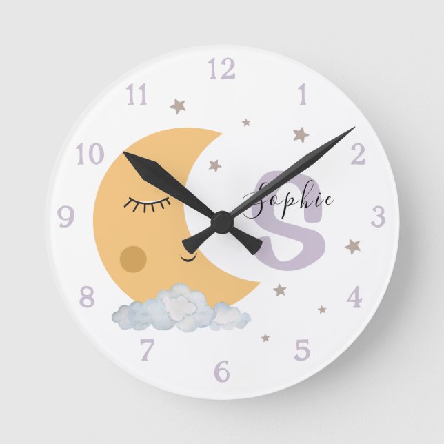 Personalized Moon & Stars Nursery Clock Lavender (Front)