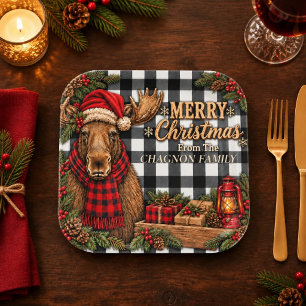 Personalized Moose Christmas Black and White Plaid Paper Plate