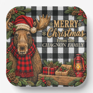 Personalized Moose Christmas Black and White Plaid Paper Plate