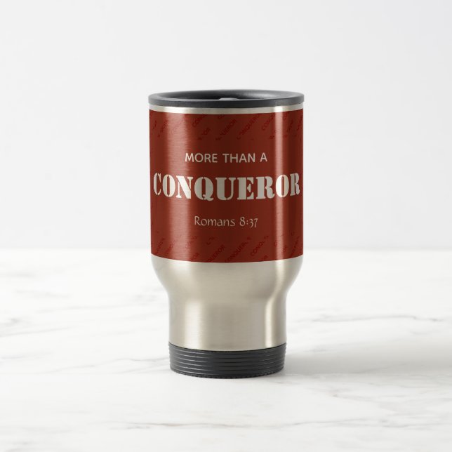 Personalized MORE THAN A CONQUEROR Christian RED Travel Mug (Center)