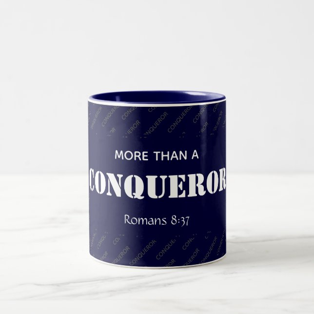 Personalized MORE THAN A CONQUEROR Christian Two-Tone Coffee Mug (Center)