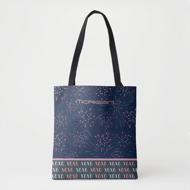 Personalized "Morgan" Fireworks & XOXO Pattern Tot Tote Bag (Front)