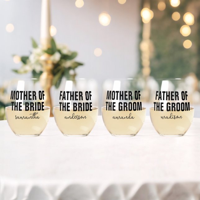 Personalized Mother Father Bride Groom Wedding Stemless Wine Glass (Insitu (Wedding))