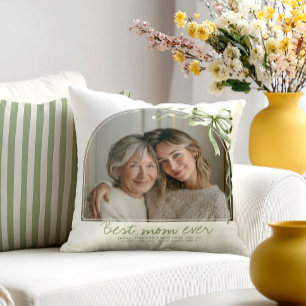 Personalized Mother’s Day Best Mom Ever Sage Bow Throw Pillow
