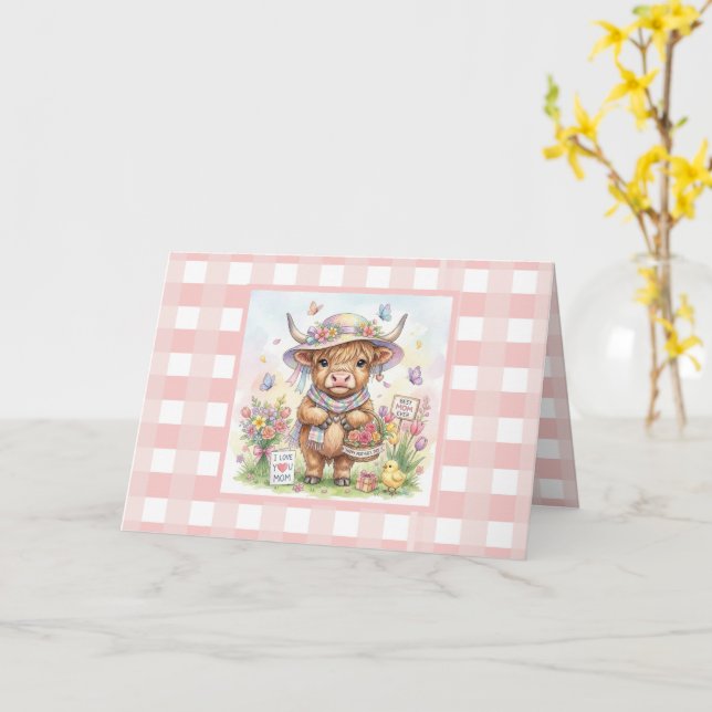 Personalized Mother's Day Cow Pink Gingham Card (Yellow Flower)